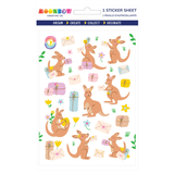 A sticker sheet from Moonbow Creative Co. featuring cute illustrations of kangaroos with envelopes, flowers, and wrapped presents.
