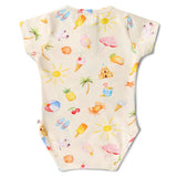 Baby onesie with summer-themed pattern on a white background