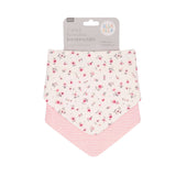 Two floral bandana bibs with a pink striped pattern on a white background, featuring the brand 'Alla Bella'.