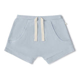 Light blue striped shorts with a drawstring on a white background