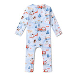 Children's onesie with vehicle and animal pattern on a light blue background