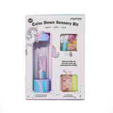 Jellystone DIY Calm Down Sensory Kit in a white box with colorful unicorn illustrations, showing a pastel iridescent calm-down bottle and two refill pouches inside.