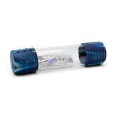 Clear tube with blue caps containing small objects on a white background