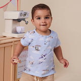 Snuggle Hunny Taking Flight organic cotton short sleeve toddler top in Size 1 featuring a colourful aeroplane and helicopter print.