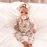 Baby wearing a onesie with rainbow patterns and a headband, sitting on a white surface.