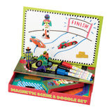 Colorful magnetic scene and doodle set with race track design, cars, and markers on a white background.