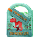 Dinosaur-themed bath book with colorful design on a white background