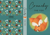 Book cover with a fox illustration and acorn pattern on a teal background
