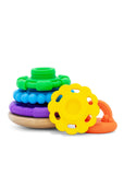 Colorful baby teething toys on a white background