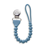 Blue pacifier clip with a silver clasp on a white background