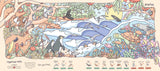 A highly detailed, colorful illustrated poster or art print depicting a coastal wildlife scene. The artwork features various animals including penguins, seals, dolphins, turtles, and a kangaroo, set against a beach and ocean background with a whimsical, hand-drawn style.