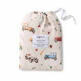 Drawstring bag with vintage car pattern on a white background