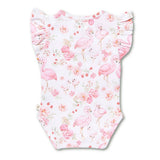 A baby bodysuit with a white background featuring a pink flamingo and floral print, styled with ruffled sleeves.