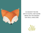 Cartoon fox face on a green background with text about the fox's personality.