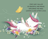 Unicorn lying on flowers with a butterfly and text on a green background