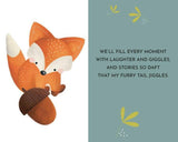 Illustration of a fox holding an acorn with a quote on a light blue background