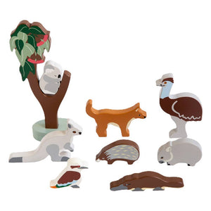 Set of wooden animal figures on a white background