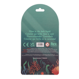 Rex London glow in the dark squid fishing lure in its original retail packaging, featuring a dark teal and black card with colorful coral illustrations and product text.