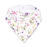 A white triangular bandana bib with a colorful watercolor wildflower pattern, featuring snap closures at the top.