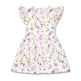 A white sleeveless dress with ruffled cap sleeves and a flared skirt, covered in a delicate watercolor-style floral print with purple, pink, green, and yellow flowers. The dress is shown flat against a solid white background.