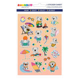 Sticker sheet with cartoon koalas in various activities on a pink background, branded 'Moonbow Creative Co'.