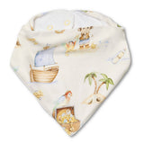 A triangular baby bib with a white background and a whimsical pirate-themed print featuring a wooden ship, treasure chest, parrot, palm tree, and sandcastle.