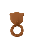 Brown bear-shaped teething ring on a white background