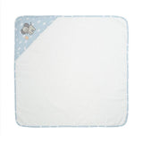 Baby towel with blue border and cartoon character on a white background