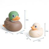 Two duck-shaped bath toys on a white background with dimension arrows and labels showing size measurements in inches.