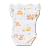A white baby bodysuit with ruffled sleeves and a snap closure at the chest, featuring a cute print of light brown calves, yellow hay bales, and small green plants. The brand name 'Sofia Brand' is visible on the inner neck label.