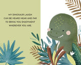 Cartoon dinosaur surrounded by leaves with a humorous quote on a green background