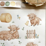 A sheet of watercolor-style farm illustrations on white paper, including brown calves, a hay bale, a small yellow chick, flowers, and a picket fence, shown with a paint palette and brush at the top.