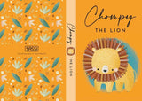 Book cover of 'Chompy the Lion' by SASSI with a lion illustration and floral patterns on an orange background.