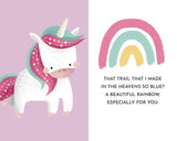 Cartoon unicorn with a rainbow on a pink background