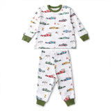 Children's pajama set with car pattern on a white background