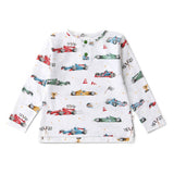 Children's long-sleeve shirt with race car pattern on a white background