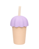 Ice cream cone with purple top and beige base on a white background