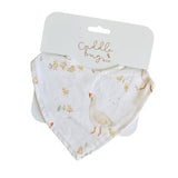 A baby bib in white fabric with a watercolor-style print of a duck, ducklings, and small flowers, attached to a white cardboard hanger card with the brand name 'Cuddle Bug Co' printed in gold.