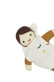 Stuffed toy resembling a character with brown hair and a white outfit on a white background