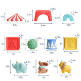 A set of colorful children's bath toys with dimension arrows and measurements printed on a white background. The set includes a red and white striped circus tent, a red arch, a light blue arch, a light blue and white striped bucket, a red block letter A, a green spiky ball, a yellow block letter C, a light blue elephant, a brown dog, and a yellow horse.