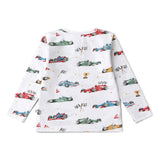 Long-sleeve shirt with race car pattern on a white background