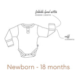 Outline of a baby onesie with text indicating size range and features.