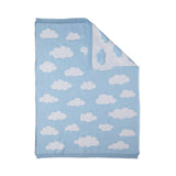 Baby blanket with white cloud pattern on a light blue background