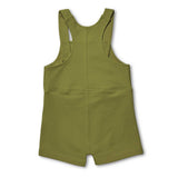 An olive green baby romper with adjustable shoulder straps and snap closures, shown from the back on a white background.