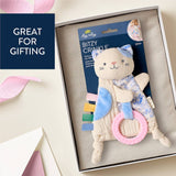Plush toy with crinkle elements in a box, labeled 'Bitzy Crinkle', on a light background.