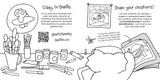 A black and white illustrated promotional graphic for an art class or workshop. It shows a hand holding a paintbrush, several paint tubes, a palette, a sketchbook with a cartoon face, a paintbrush, and a tablet with a hand drawing on it.