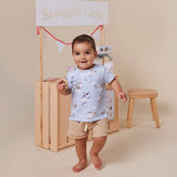 Snuggle Hunny Taking Flight organic cotton short sleeve toddler top in Size 1 featuring a colourful aeroplane and helicopter print.