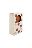 Box packaging with a brown round object inside on a white background
