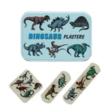 Dinosaur-themed plasters in a tin with illustrations of various dinosaurs on a white background.