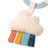Cloud-shaped toy with colorful tabs on a white background